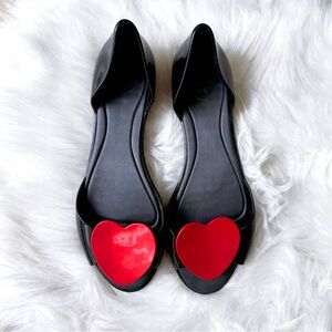rare melissa heart peep toe flats black red womens 7 valentine’s shoe